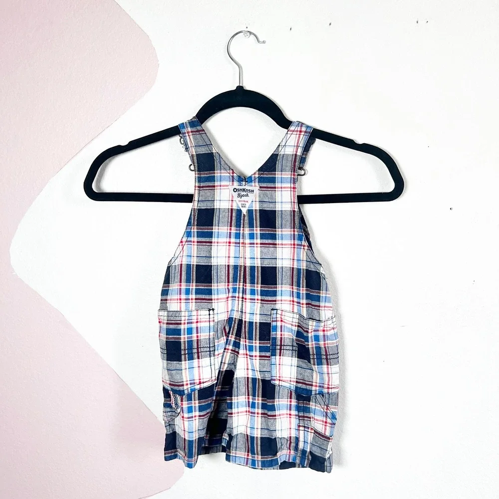 OshKosh Overalls Navy Red Plaid Shortalls‎ Cotton Pockets 18M